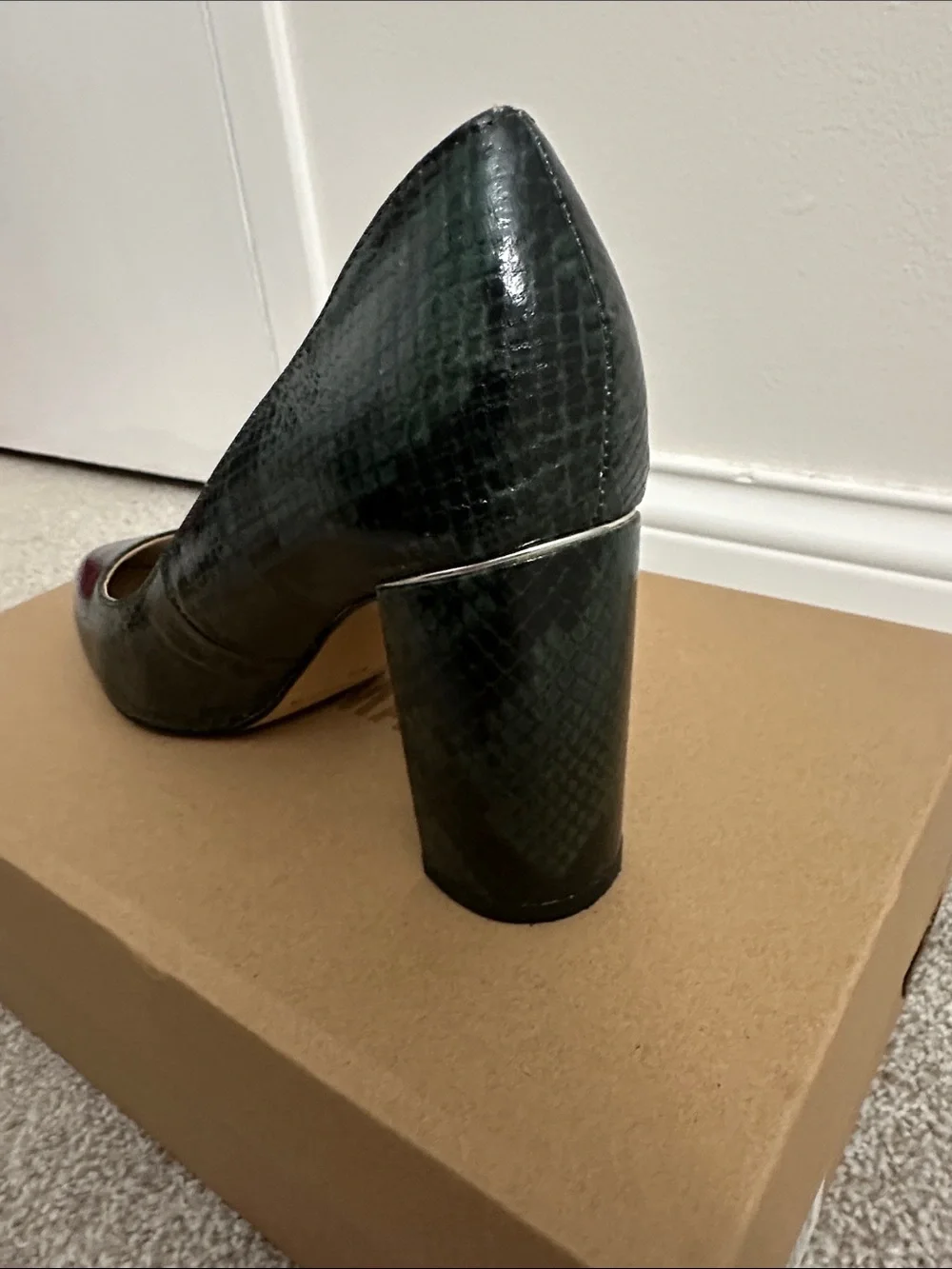 Marc Fisher Dark Green Snake-Print Pointed Block Heel Pumps